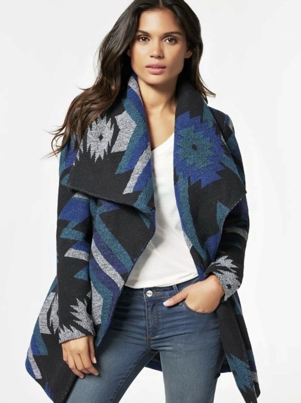 Thread & Supply Southwestern Aztec Print Tweed Coat Jacket Black Blue L